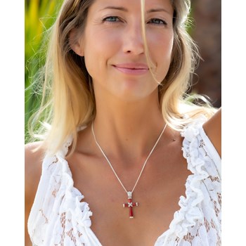 Pendentif Croix en Corail Rouge & Argent Rhodié - Symbole Sacré | Aden