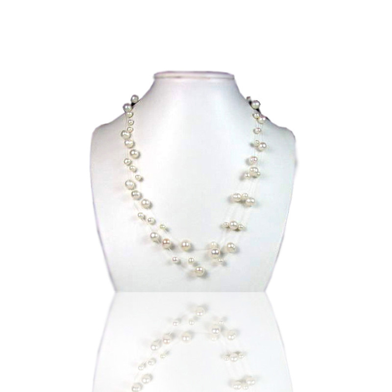 Collier Femme 3 rangs Nylon Invisible en Argent 925 et Perles de culture Blanc ou Noir - vue 2