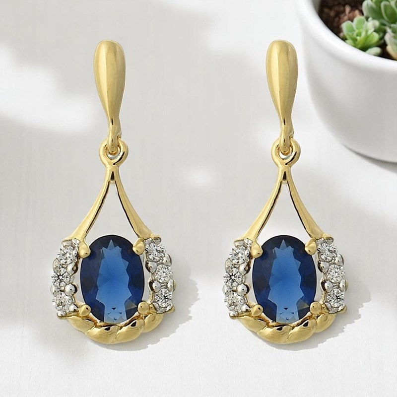 Boucles d'oreilles goutte oxyde de zirconium bleu roi Plaqué OR 750 3 microns 2 tons - vue 2