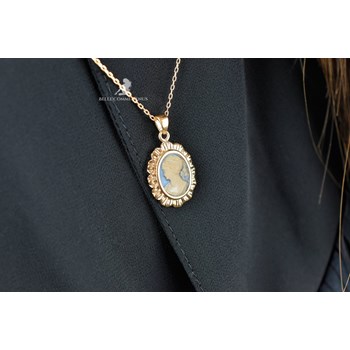Collier médaillon camée bleu et blanc Plaqué OR 750 3 microns
