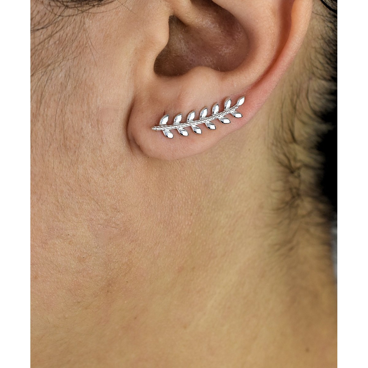 Boucles d'oreilles grimpantes contour de lobe feuille de laurier Argent 925 Rhodié - vue 2