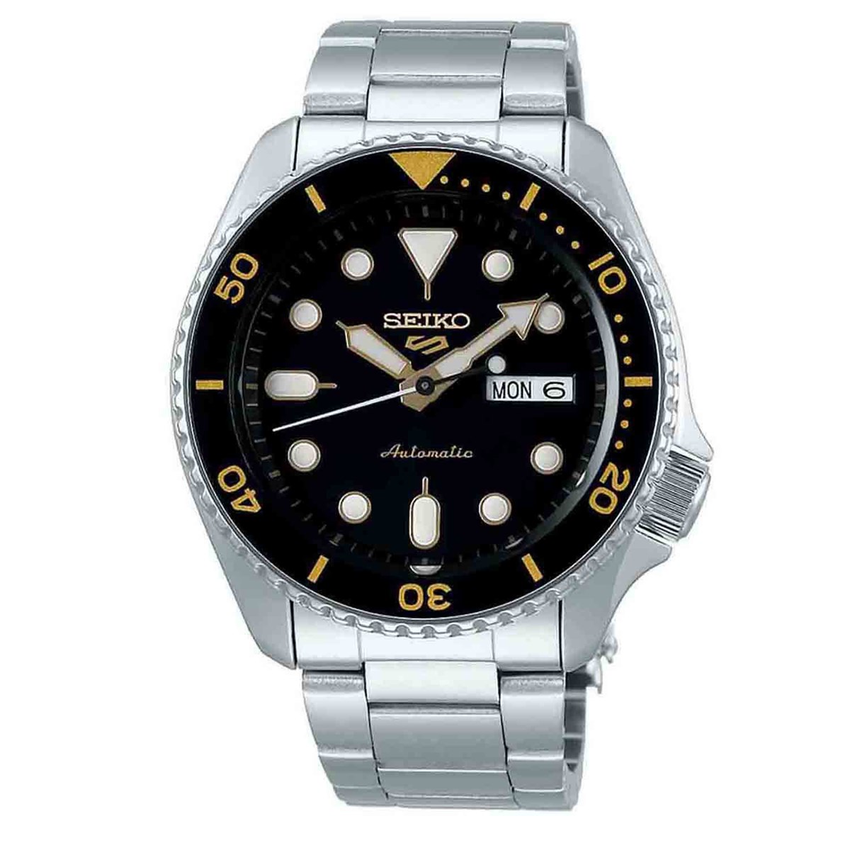Montre Seiko 5 Sports automatique acier
lunette noire chiffres dorés