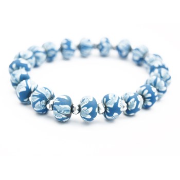 Bracelet élastique perles fleurs bleues et perle cristal
