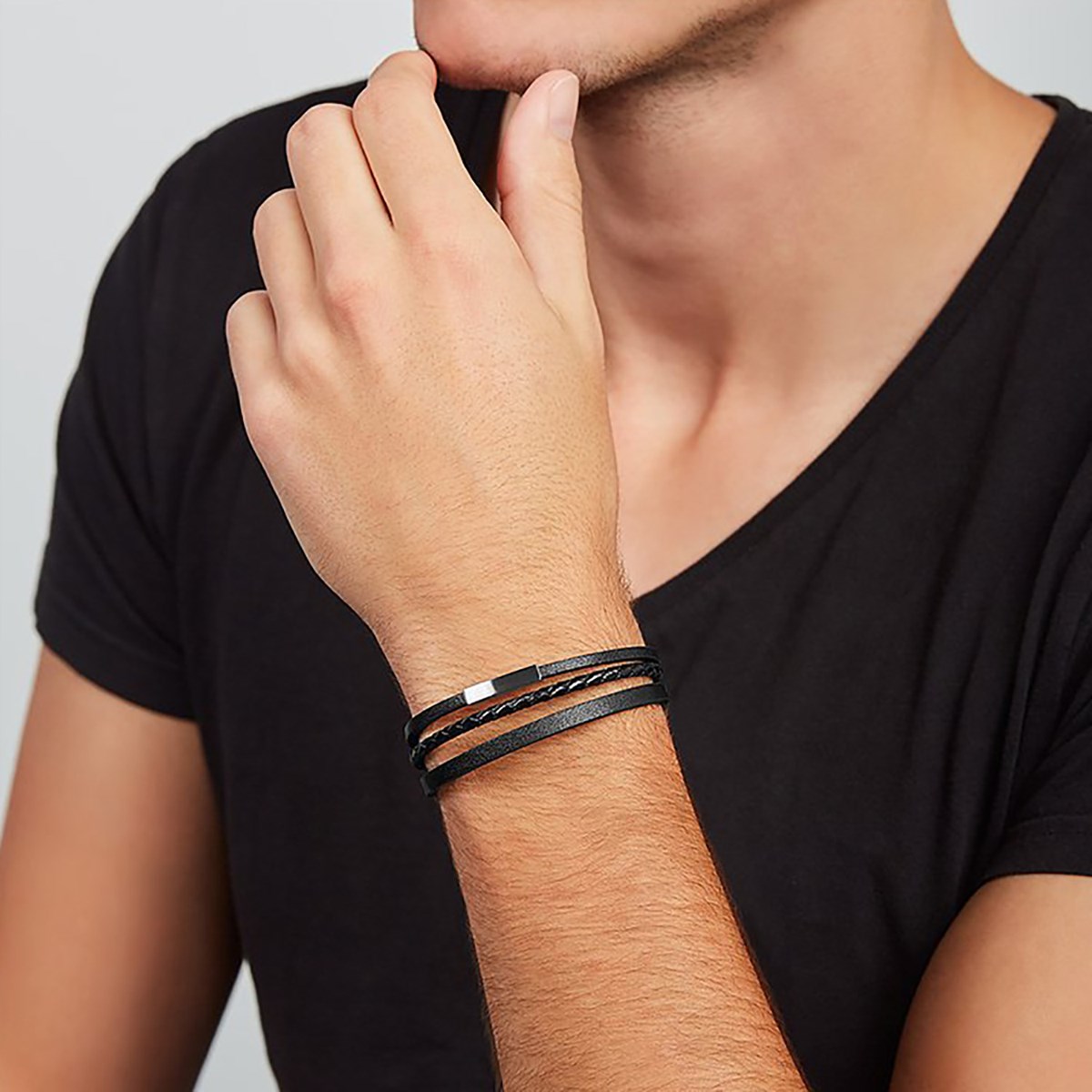 Bracelet homme Fossil triple rang cuir noir - vue 3