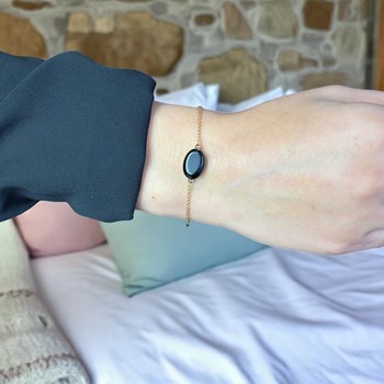 Bracelet agate pierre naturelle noire ovale Plaqué OR 750 3 microns