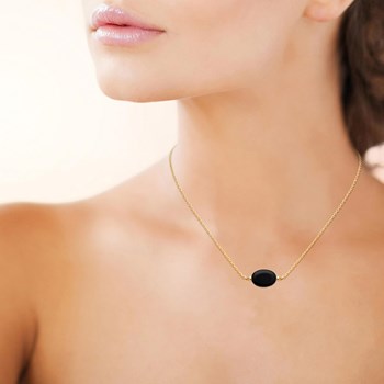 Collier agate pierre naturelle noire ovale Plaqué OR 750 3 microns