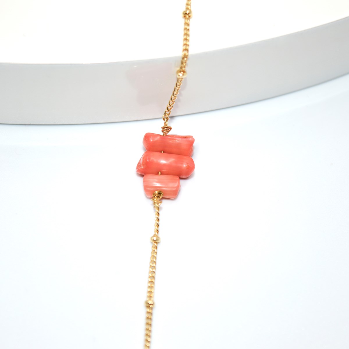 Bracelet Chaîne fine multi boules perles de corail baton - Plaqué or - vue 2