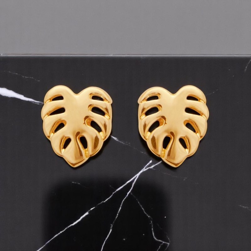 Boucles d'oreilles feuille philodendron monstera Plaqué OR 750 3 microns - vue 4