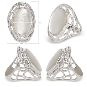 Bague Cabochon de Nacre Blanche Ovale en Argent 925 - Monture Nid - Aden Bijoux