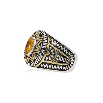 Bague Homme Argent Soleil Ethnique oeil De Tigre Argent Doré