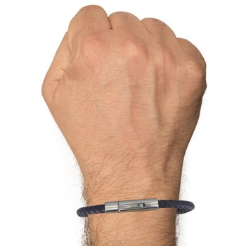 Bracelet Homme Cuir Tréssé Rond Fermoir Acier Inoxydable - Classics - Bleu Navy