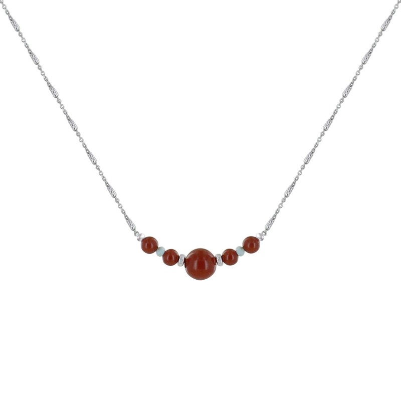 Collier Chaine Argent Rhodié Cinq Perles de Jaspe Rouge et Deux Anneaux Facettés de Larimar - vue V1