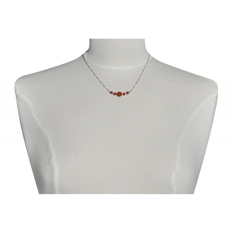 Collier Chaine Argent Rhodié Cinq Perles de Jaspe Rouge et Deux Anneaux Facettés de Larimar - vue V2