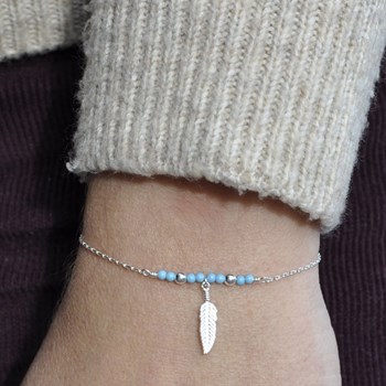 Bracelet Argent 925 Plume et Perles Turquoise
