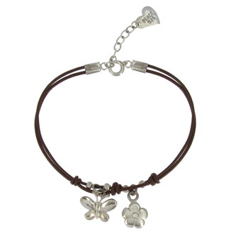 Bracelet Fleur et Papillon Argent 925 Fil Cuir Marron Foncé
