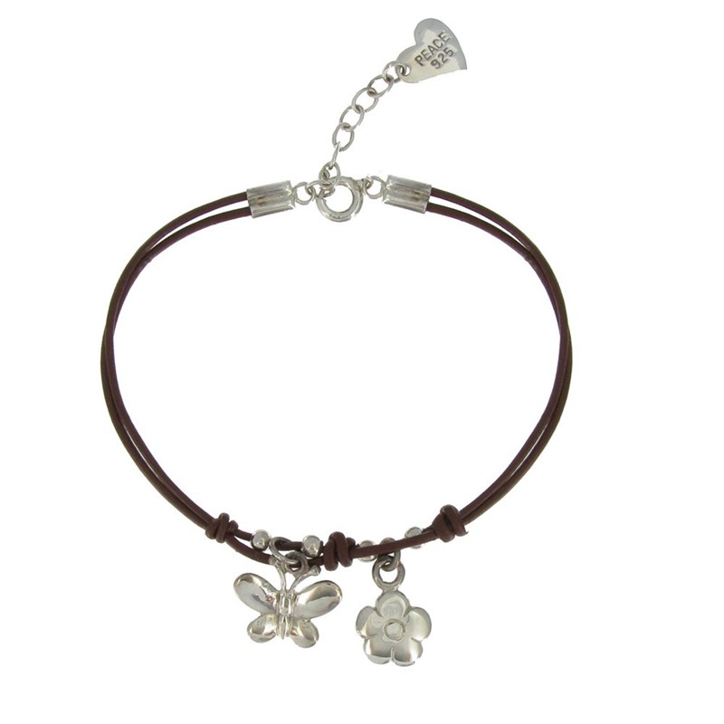 Bracelet Fleur et Papillon Argent 925 Fil Cuir Marron Foncé