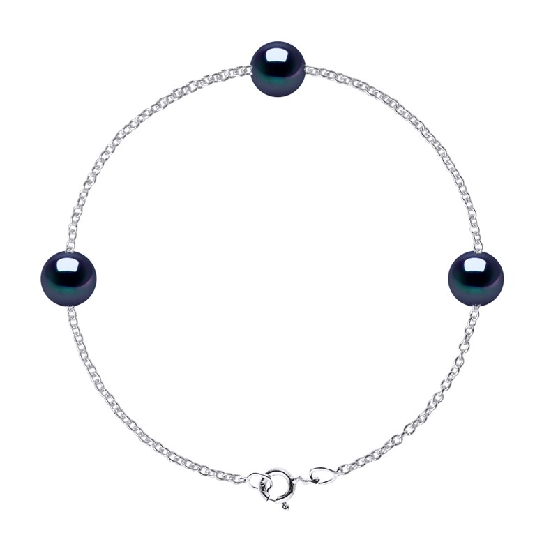 Bracelet TRIO Perles d'Eau Douce Rondes 8-9 mm Noires Argent 925