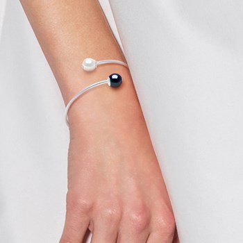 Bracelet Jonc TOI ET MOI 2 Perles d'Eau Douce Rondes 8-9 mm Noires et Blanches Argent 925