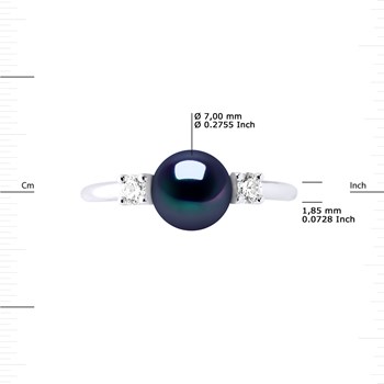 Bague Joaillerie Perle d'Eau Douce 7-8 mm Noire et Oxydes de Zirconium Argent 925