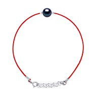 Bracelet LOVE LINK Perle d'Eau Douce Ronde 9-10 mm Noire Lien Nylon Rouge Argent 925