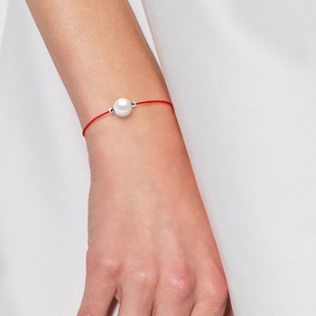 Bracelet LOVE LINK Perle d'Eau Douce Ronde 9-10 mm Blanche Lien Nylon Rouge Argent 925
