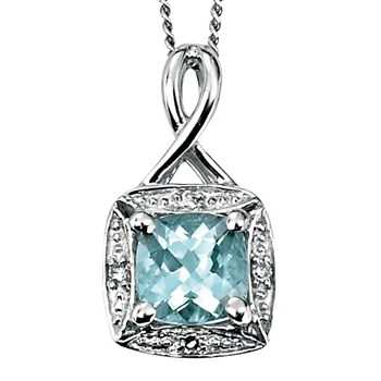 Collier aigue marine - diamant -  Chaine en Or 375 de 41cm - Pendentif en Or blanc 375/1000 carats