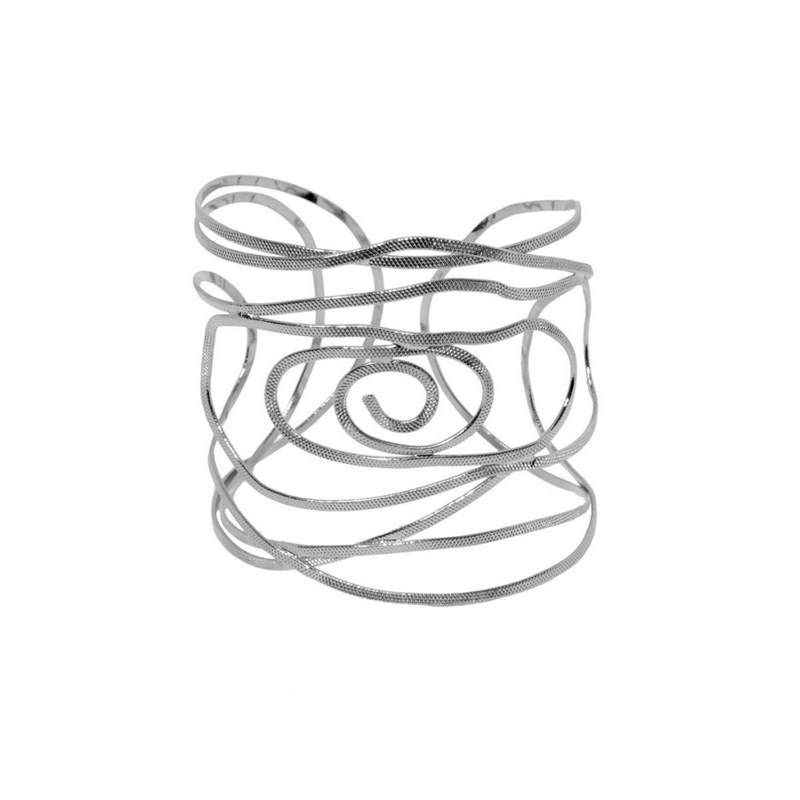 Bracelet rigide métallique en plaqué argent avec fil martelé à la main - Bijou de créateur