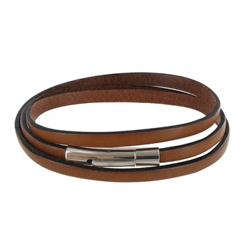 Bracelet Homme Cuir Marron Clair Plat Fermoir Acier Inoxydable - taille 18 cm