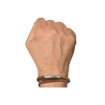 Bracelet Homme Cuir Marron Clair Plat Fermoir Acier Inoxydable - taille 18 cm