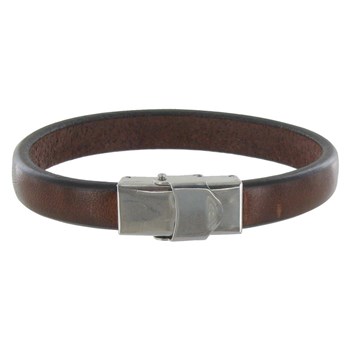 Bracelet Homme Cuir Marron Foncé Large Fermoir Acier Inoxydable - taille 18 cm