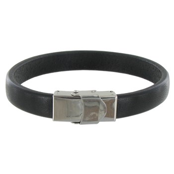 Bracelet Homme Cuir Noir Large Fermoir Acier Inoxydable - taille 18 cm