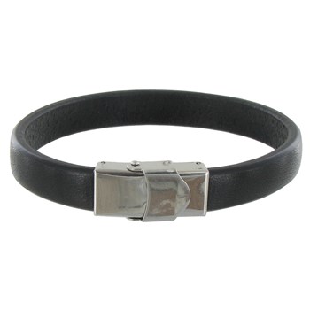 Bracelet Homme Cuir Noir Large Fermoir Acier Inoxydable - taille 21 cm