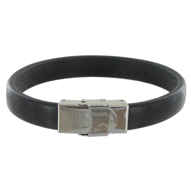 Bracelet Homme Cuir Noir Large Fermoir Acier Inoxydable - taille 18 cm