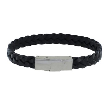 Bracelet Homme Cuir Noir Tréssé Plat Fermoir Acier Inoxydable - taille 23 cm
