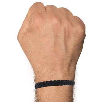 Bracelet Homme Cuir Noir Tréssé Plat Fermoir Acier Inoxydable - taille 23 cm