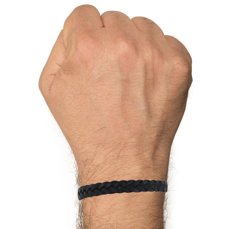 Bracelet Homme Cuir Noir Tréssé Plat Fermoir Acier Inoxydable - taille 23 cm - vue 2