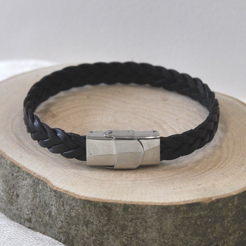 Bracelet Homme Cuir Noir Tréssé Plat Fermoir Acier Inoxydable - taille 23 cm - vue 3