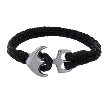 Bracelet Homme Argent 925 Ancre et Cuir Noir Deux Liens Tréssés Ronds - taille 19 cm
