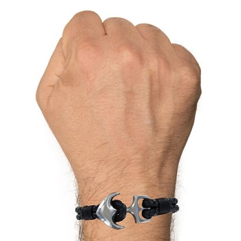 Bracelet Homme Argent 925 Ancre et Cuir Noir Deux Liens Tréssés Ronds - taille 19 cm
