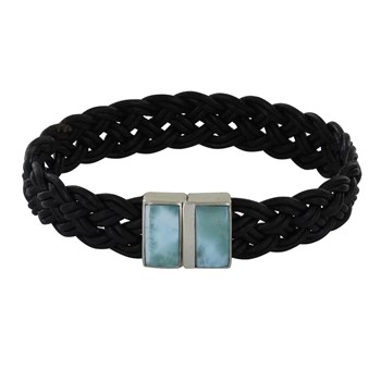 Bracelet Homme Tresse Cuir Noir et Deux Rectangles de Larimar - taille 20 cm