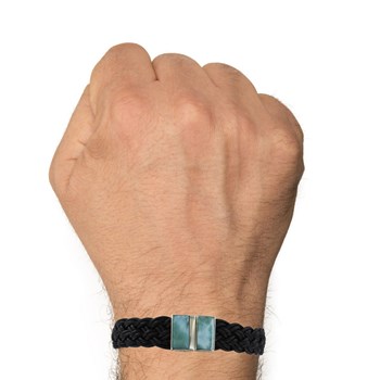 Bracelet Homme Tresse Cuir Noir et Deux Rectangles de Larimar - taille 20 cm