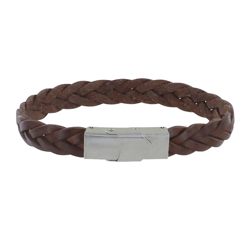 Bracelet Homme Cuir Marron Foncé Tréssé Plat Fermoir Acier Inoxydable - taille 19 cm