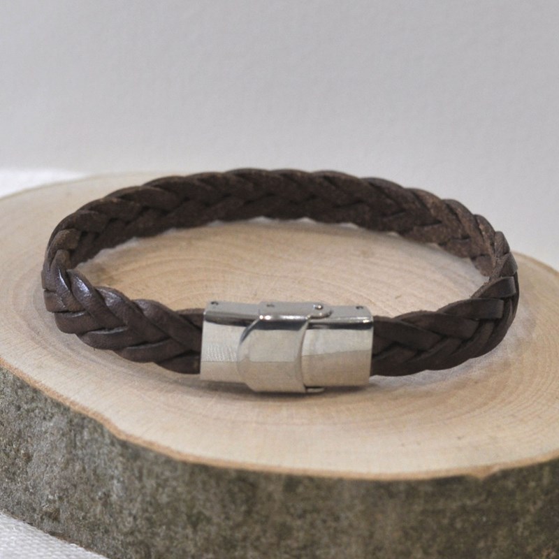 Bracelet Homme Cuir Marron Foncé Tréssé Plat Fermoir Acier Inoxydable - taille 19 cm - vue 3