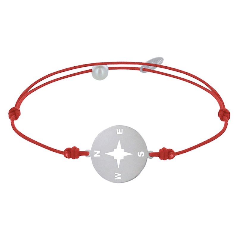 Bracelet Lien Médaille Argent 925 Ronde Rose des Vents - Rouge