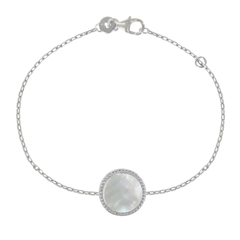 Bracelet Argent 925 Rhodié Rond de Nacre Ivoire