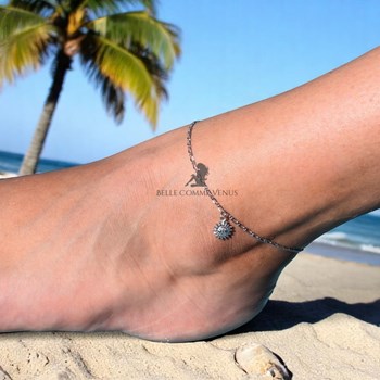 Anklet chain sun pendant figaro Silver 925 Rhodium plated