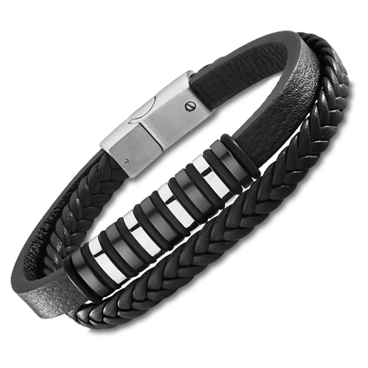 Bracelet homme Lotus acier cuir noir