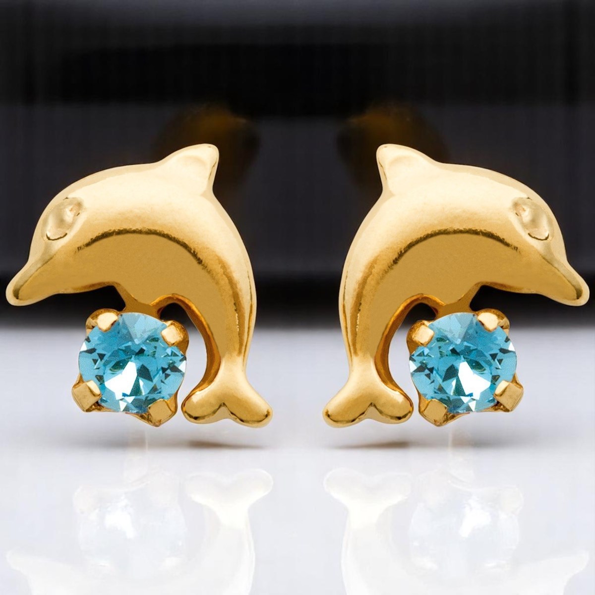 Boucles d'oreilles dauphin cristal bleu turquoise Plaqué OR 750 3 microns - vue 2