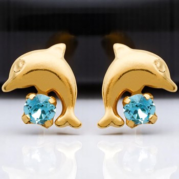 Boucles d'oreilles dauphin cristal bleu turquoise Plaqué OR 750 3 microns