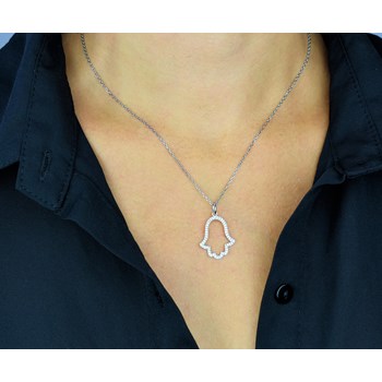 Necklace Fatma hand openwork set with zirconium oxides Silver 925 Rhodium plated